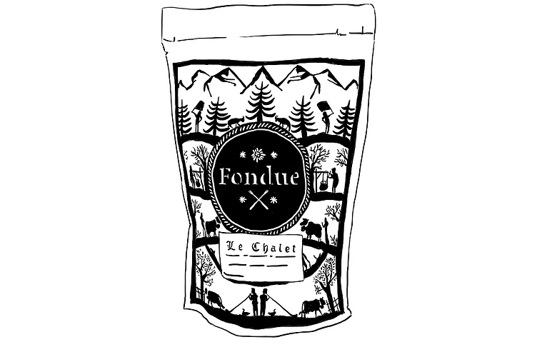Detailed black and white product illustration for a Swiss restaurant. Used for marketing and advertising.