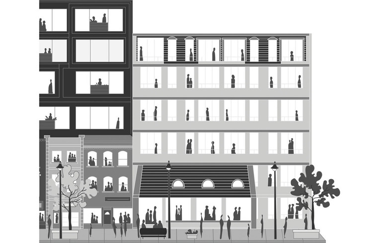 Grayscale vector illustration of Yonge Street's future development, showcasing potential transformations. Used for real estate presentations.