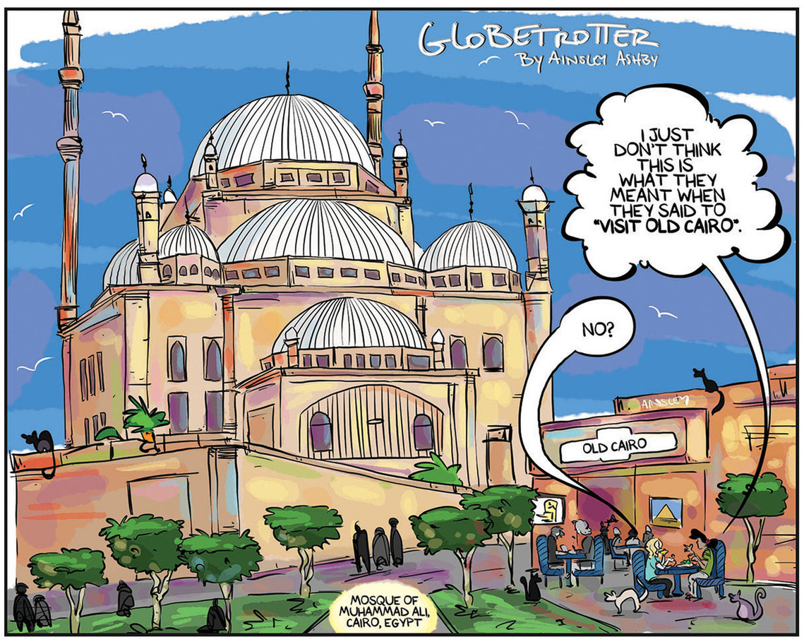 Globetrotter Sunday comic #470: Chloe and Karen enjoy a meal on a Cairo patio, admiring the mosque. This beautiful scene showcases the unique charm of Egypt, captured in Ainsley Ashby's humorous comic.