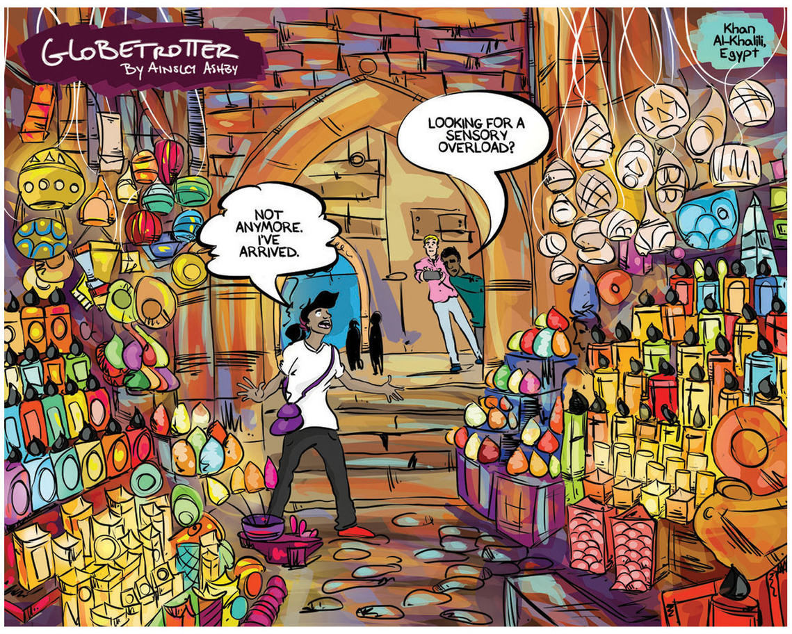 Globetrotter Sunday comic #533: Chloe explores Egypt's vibrant night market for the first time, captivated by its unique beauty. This captivating scene, written and illustrated by Ainsley Ashby, showcases the magic of Egypt.