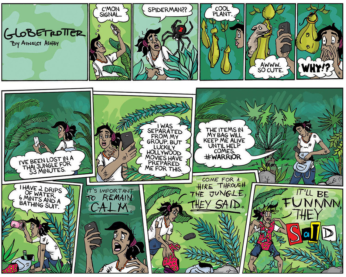 Globetrotter Sunday comic: Chloe gets lost in the Thai jungle while blogging. Frustration ensues in this humorous comic by Ainsley Ashby.