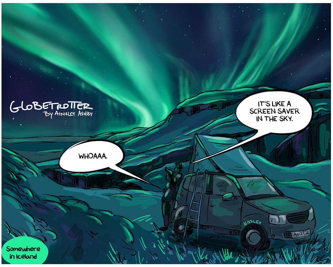 Globetrotter Sunday comic #666: Chloe and Ferrari witness the breathtaking Northern Lights in Iceland. A magical moment captured in Ainsley Ashby's series.