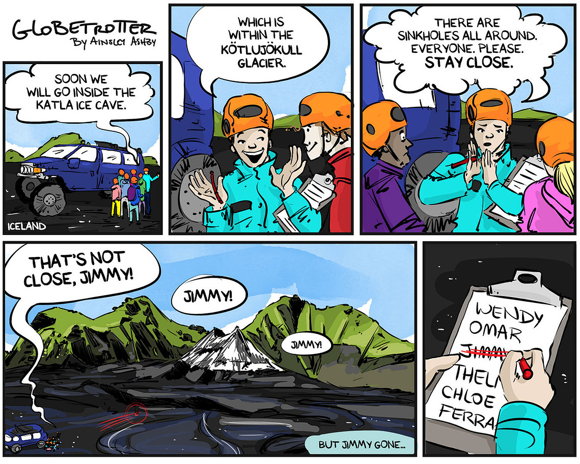 Globetrotter Sunday comic #694: Chloe and Ferrari explore Iceland's Katla ice cave, encountering a hilarious situation with a random character, Jimmy, who runs towards a sinkhole.