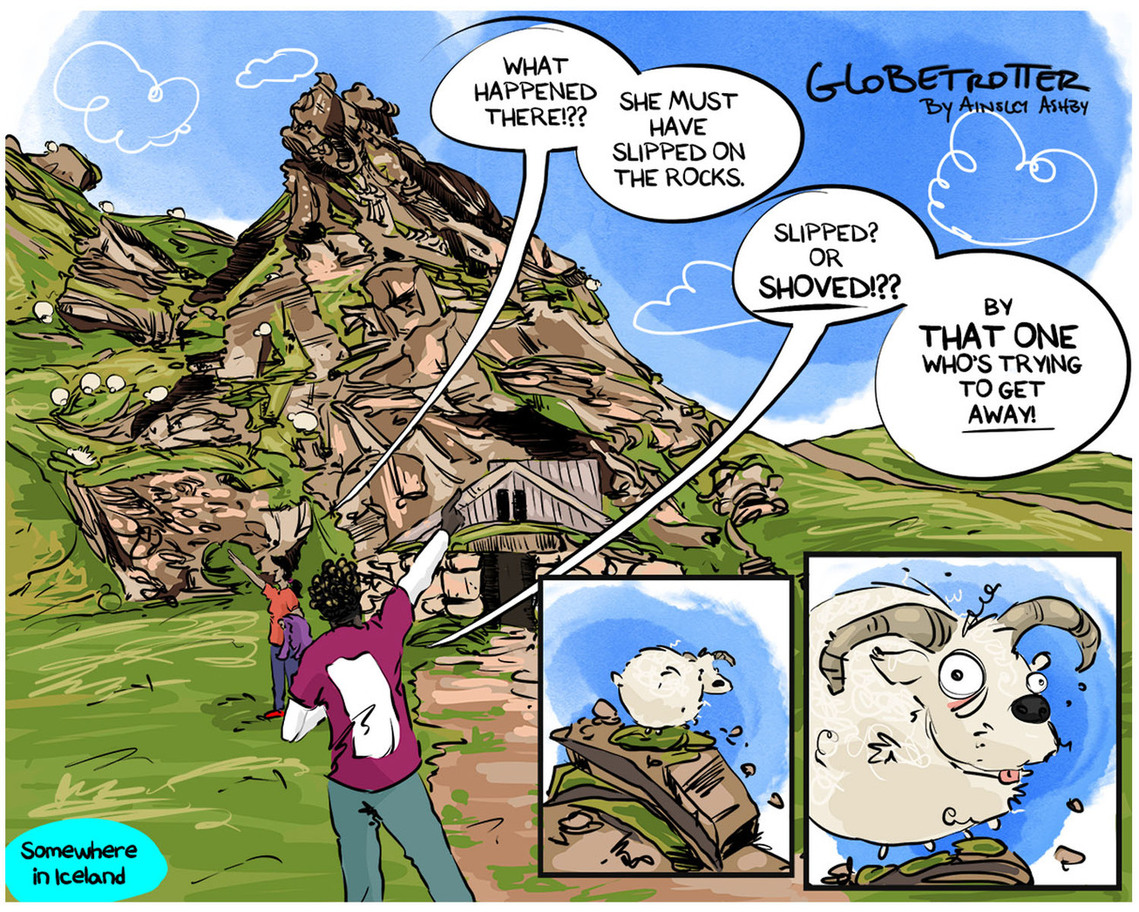 Globetrotter comic: Chloe and Ferrari explore Iceland's stunning landscape, encountering mountain sheep. A dead sheep raises suspicions, leading to a thrilling investigation.