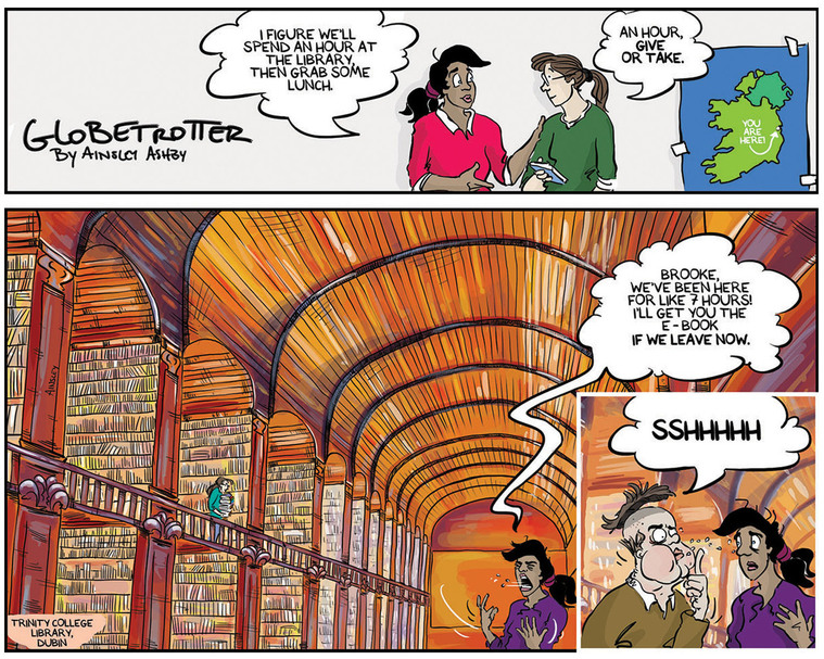 Globetrotter comic: A captivating illustration of Trinity College Library's grand interior, featuring the adventurous duo Chloe and Brooke on a Sunday outing. Discover the magic of exploration and knowledge in this whimsical comic strip.