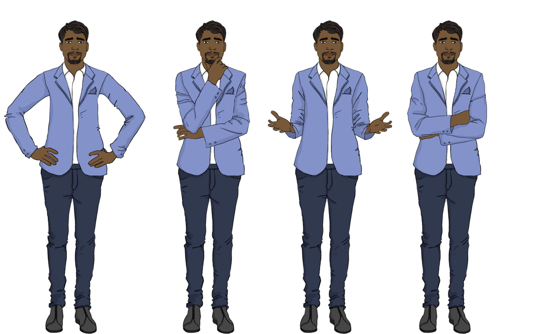 This illustration shows an East Indian woman in a business suit with various facial and body expressions, providing a detailed visual reference for training manuals and instructional materials.