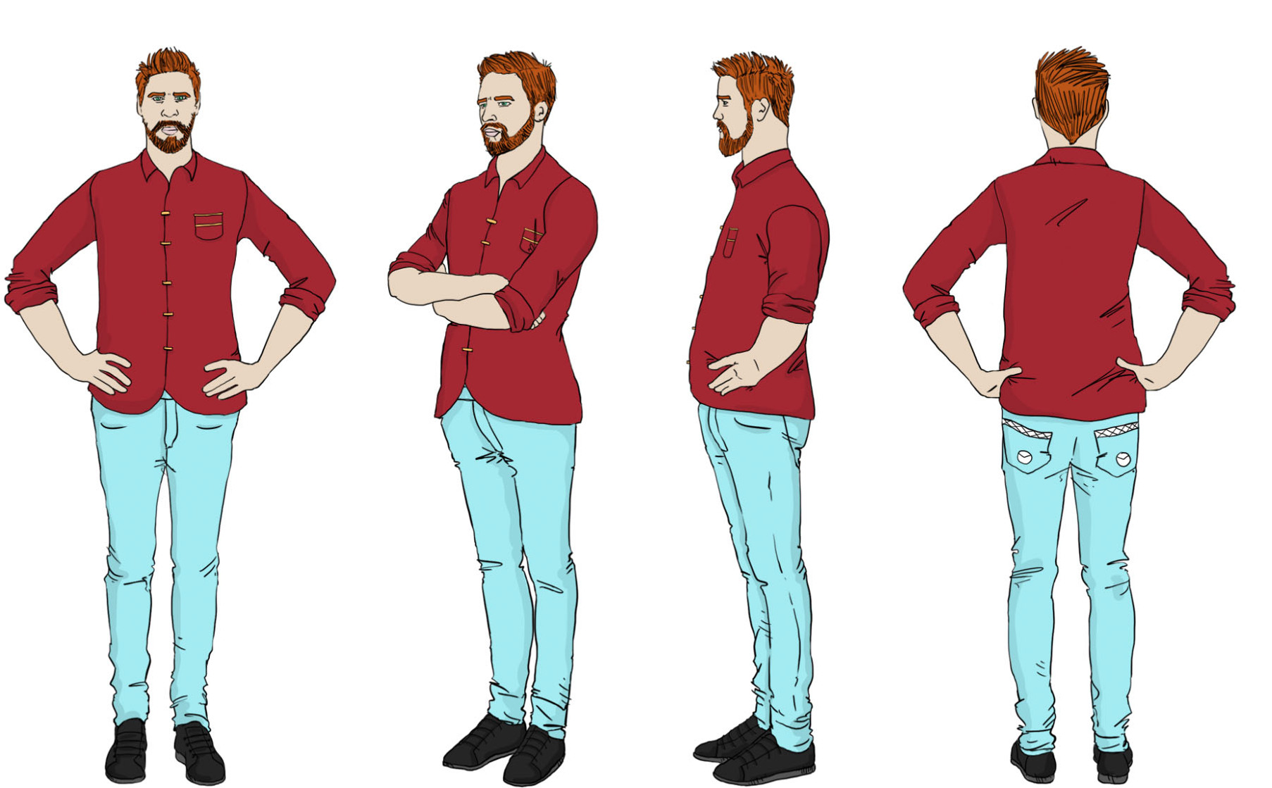 This illustration shows a European man dressed casually from all 360-degree angles, offering a detailed view ideal for training manuals and educational materials.

