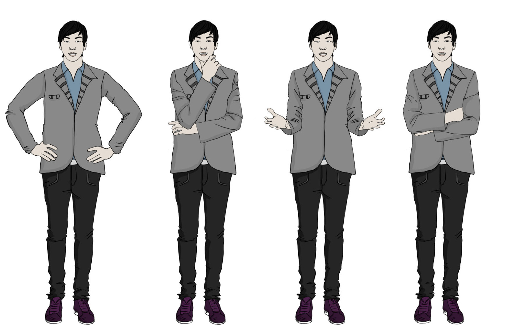 This detailed illustration presents an Asian man in a professional business suit, demonstrating a wide range of facial and body expressions. Each expression is carefully illustrated to provide a thorough understanding of different emotional and physical