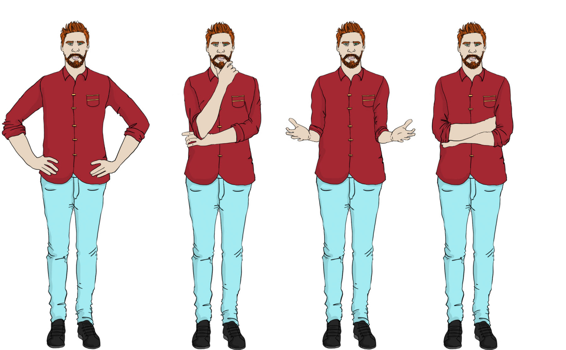 This illustration shows a European man in business casual attire with various facial and body expressions, offering a detailed visual aid for training manuals and instructional materials.