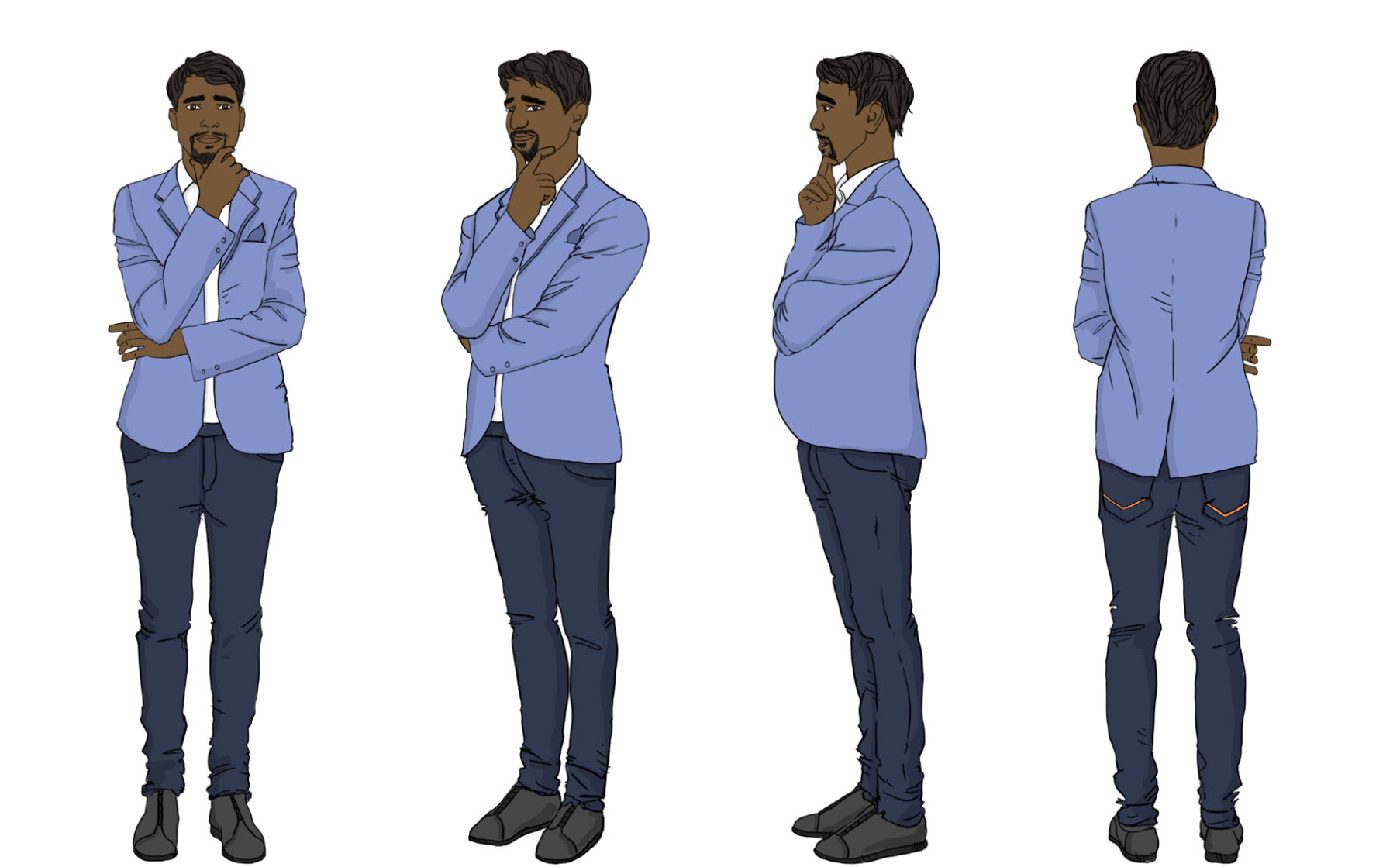 This detailed illustration features an East Indian man in a business suit, shown from all 360-degree angles. Each perspective is meticulously crafted to offer a full visual representation, making it perfect for enhancing training manuals and educational