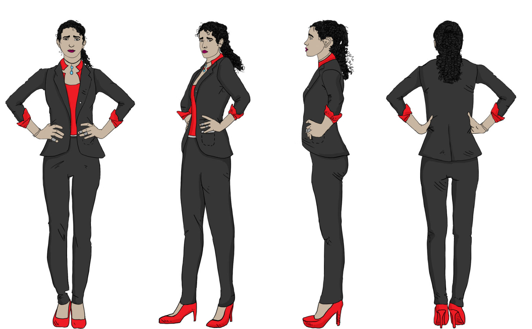 This illustration features a Latin American woman in a business suit, shown from all 360-degree angles. Each perspective is meticulously rendered, offering a complete visual guide, ideal for enhancing training manuals and educational resources.