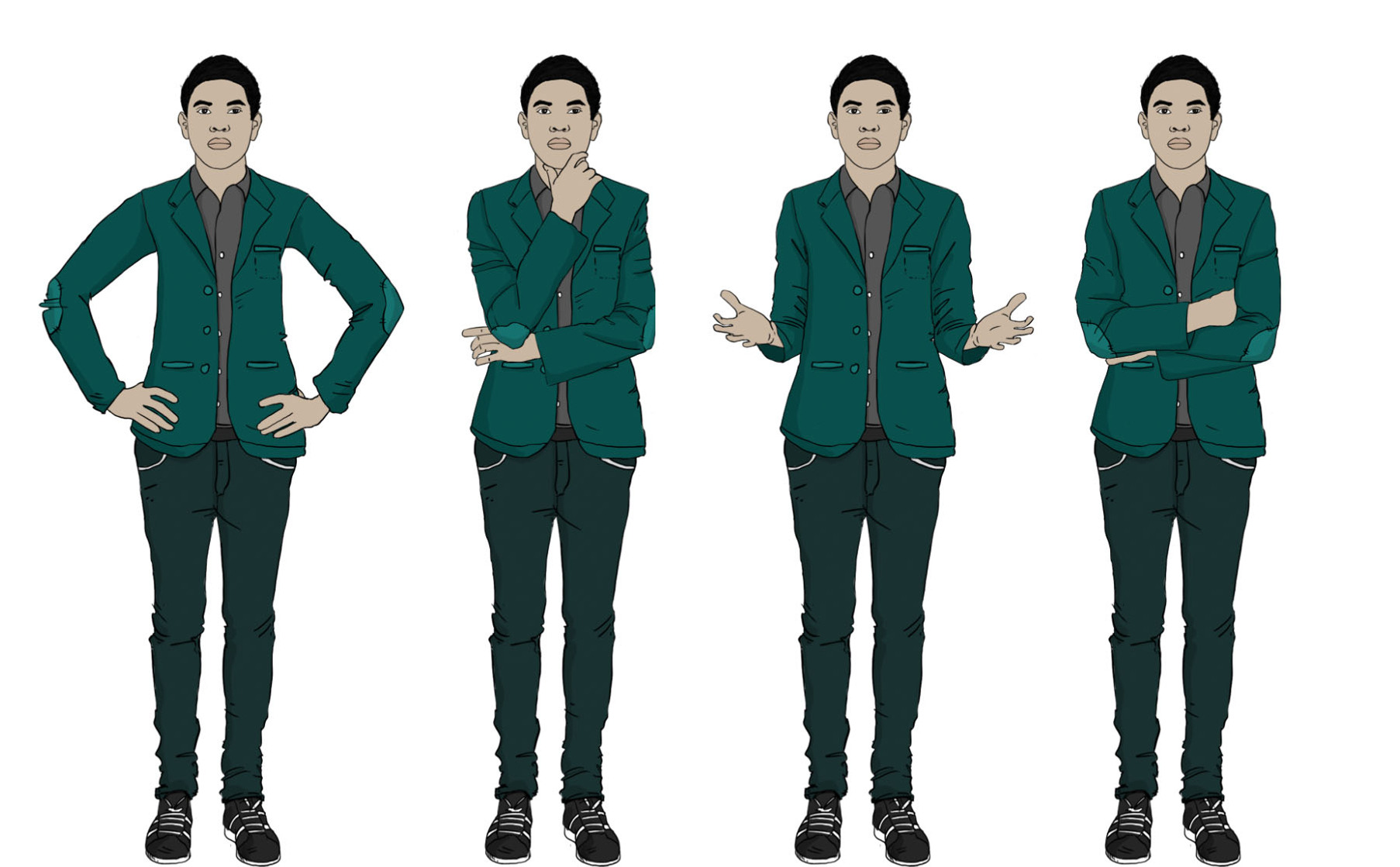 This illustration shows a Latin American individual in a business suit with various facial and body expressions, making it ideal for training manuals and instructional materials.