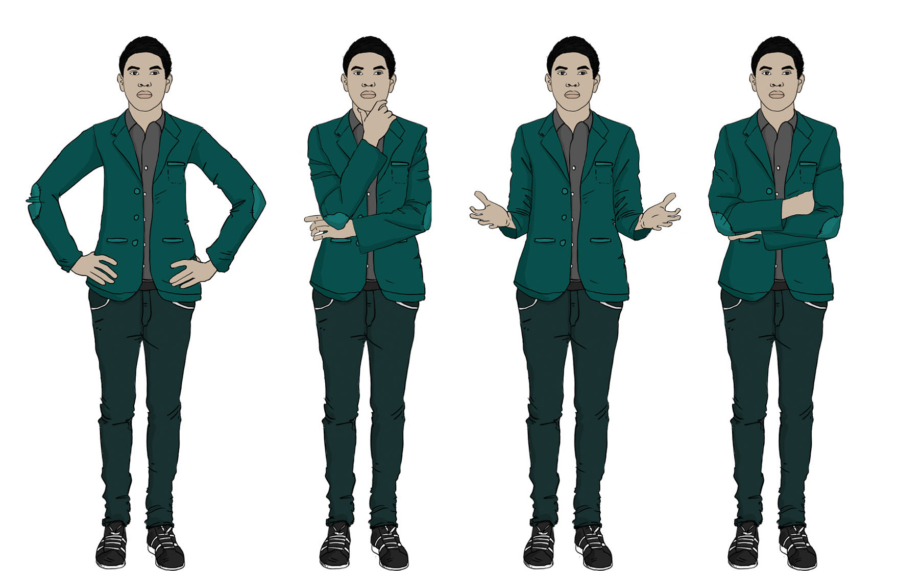 This illustration shows a Latin American individual in a business suit with various facial and body expressions, making it ideal for training manuals and instructional materials.