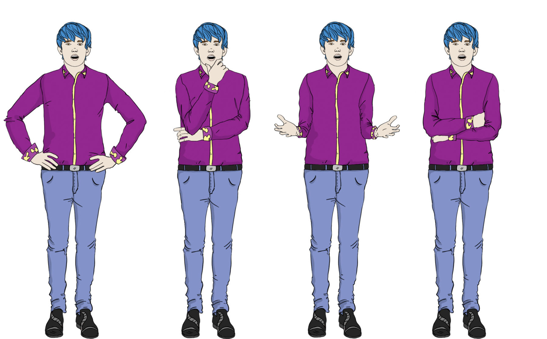 This illustration features a gender-neutral person in a business suit, displaying various facial and body expressions. Each expression is carefully depicted, making it an ideal visual aid for training manuals and instructional materials.