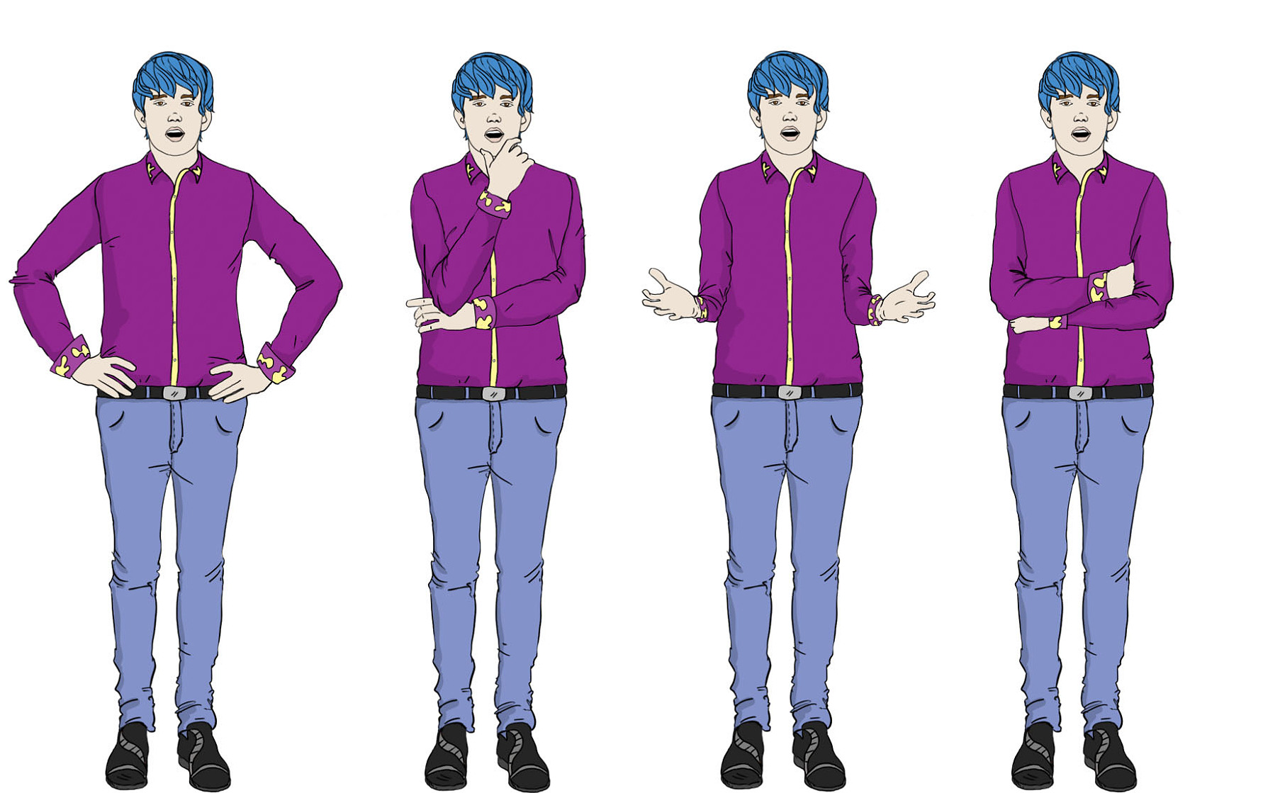 This illustration features a gender-neutral person in a business suit, displaying various facial and body expressions. Each expression is carefully depicted, making it an ideal visual aid for training manuals and instructional materials.