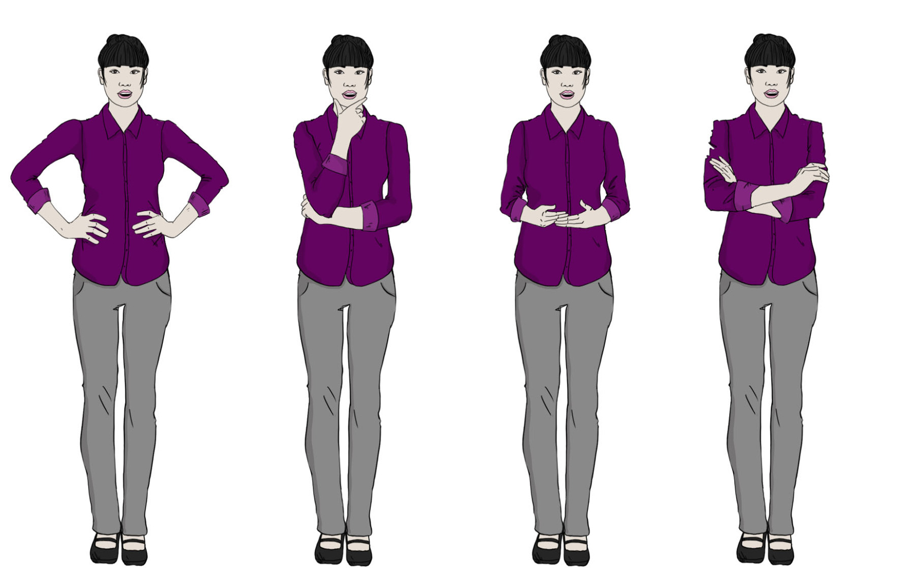 Variety of Facial and Body Expressions of an Asian Businesswoman for Training Manuals