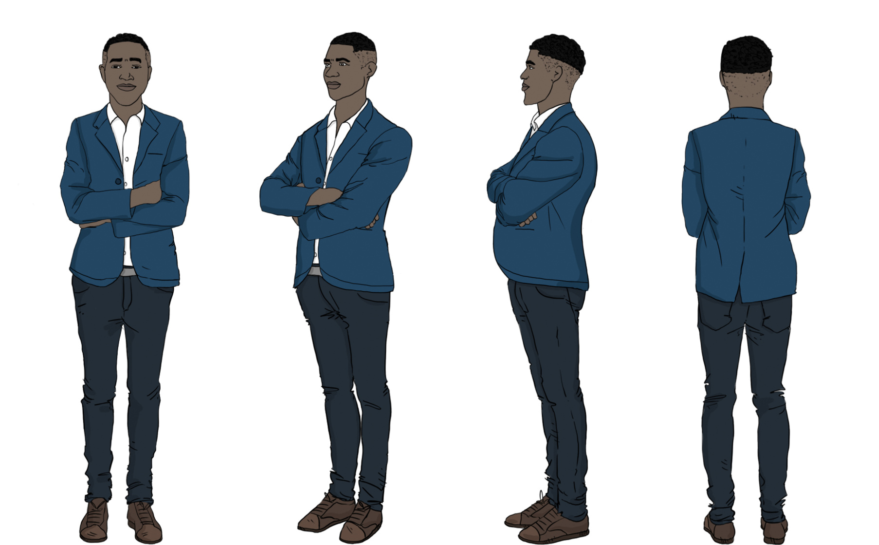 This detailed illustration features an African American man dressed in a professional business suit, captured from 360-degree angles. Each perspective is meticulously rendered, offering a full visual representation ideal for enhancing training manuals 