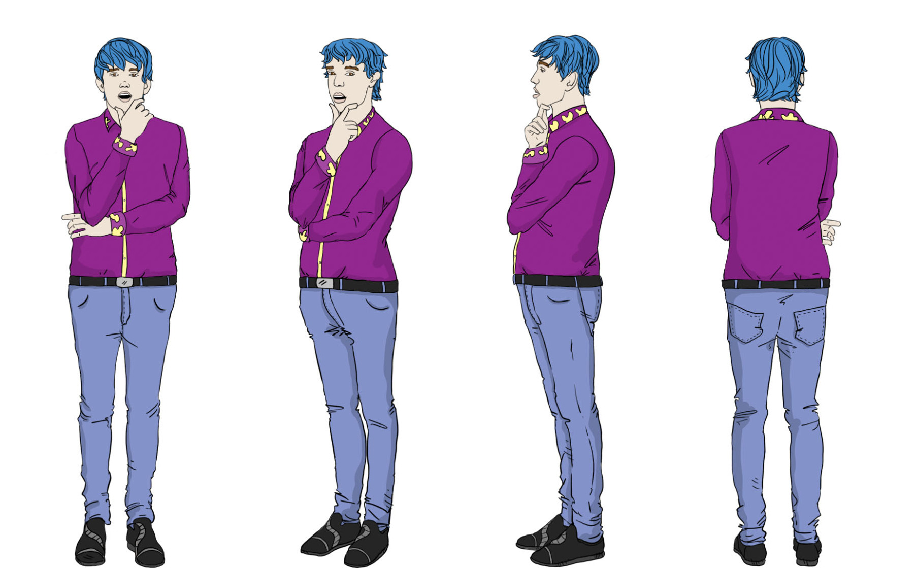 This comprehensive illustration showcases a gender-neutral person dressed in a business suit, shown from all 360-degree angles. Each perspective is meticulously detailed, offering a complete visual representation ideal for enhancing training manuals and e