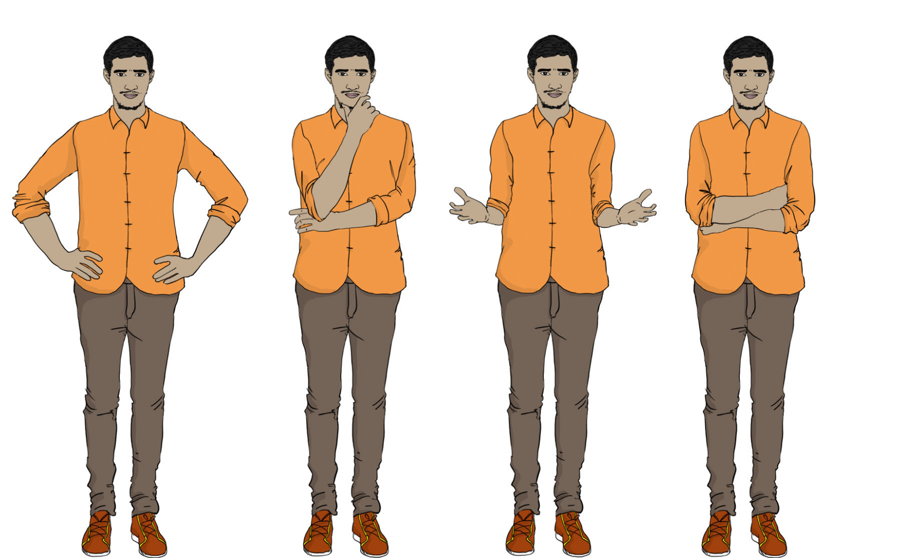 This illustration features a Middle Eastern woman in a business suit, displaying various facial and body expressions, making it ideal for training manuals and instructional materials.