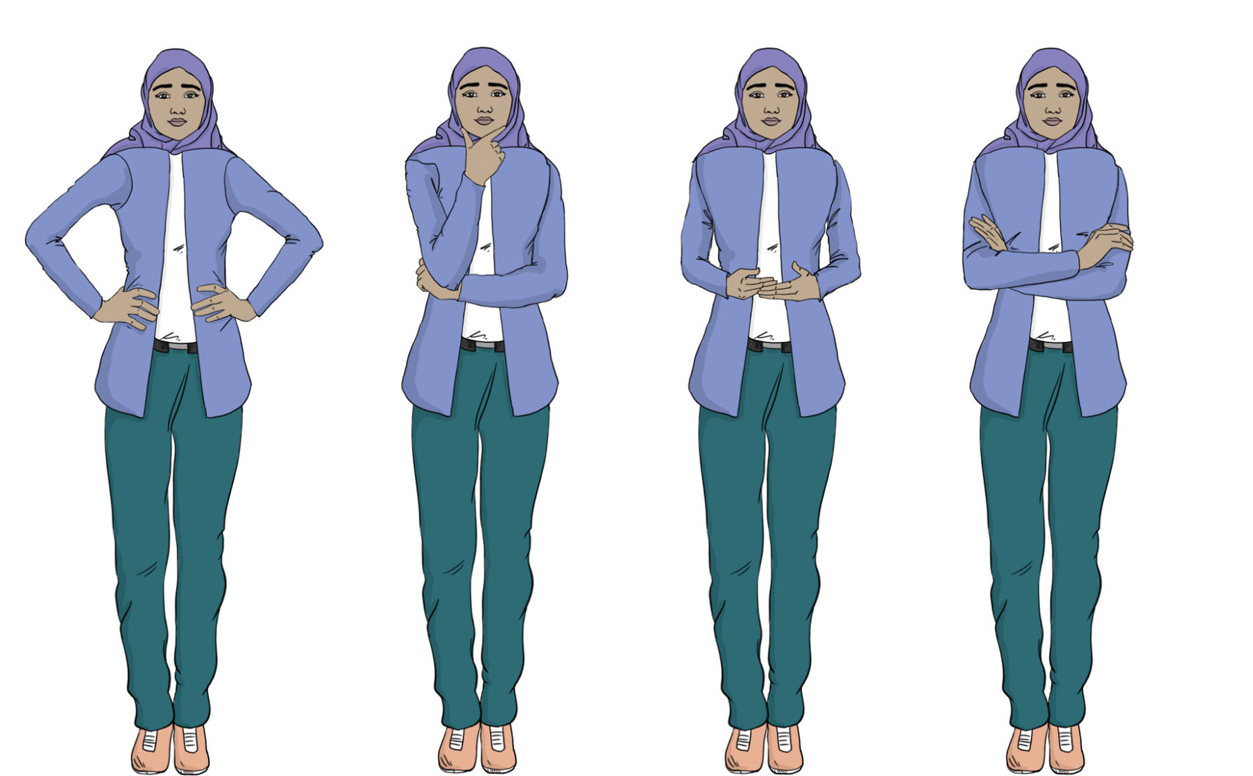 Facial and Body Expressions of a Middle Eastern Businesswoman for Training Manuals

