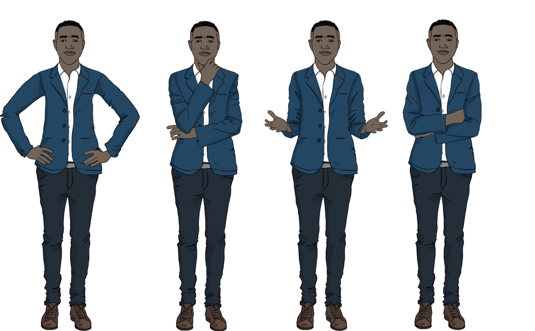 This detailed illustration features an African American man with a range of facial and body expressions. Each depiction is carefully crafted to provide a comprehensive understanding of different emotional and physical states, making it an ideal resource