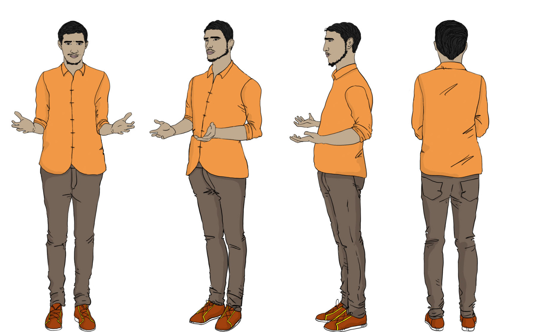 This illustration features a Middle Eastern man in a business suit, shown from 360-degree angles. Each perspective is carefully depicted, making it ideal for training manuals and educational resources.