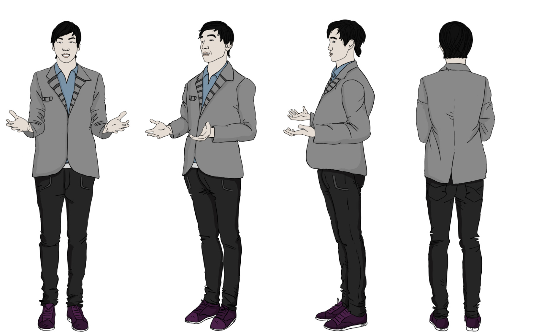 This illustration features an Asian man dressed in a professional business suit, shown from all 360-degree angles. Each perspective is meticulously illustrated, offering a comprehensive visual guide ideal for training manuals and educational resources.
