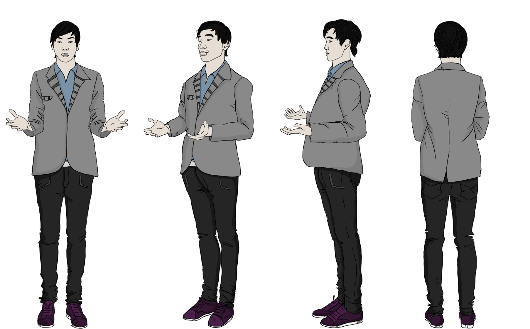 This illustration features an Asian man dressed in a professional business suit, shown from all 360-degree angles. Each perspective is meticulously illustrated, offering a comprehensive visual guide ideal for training manuals and educational resources.
