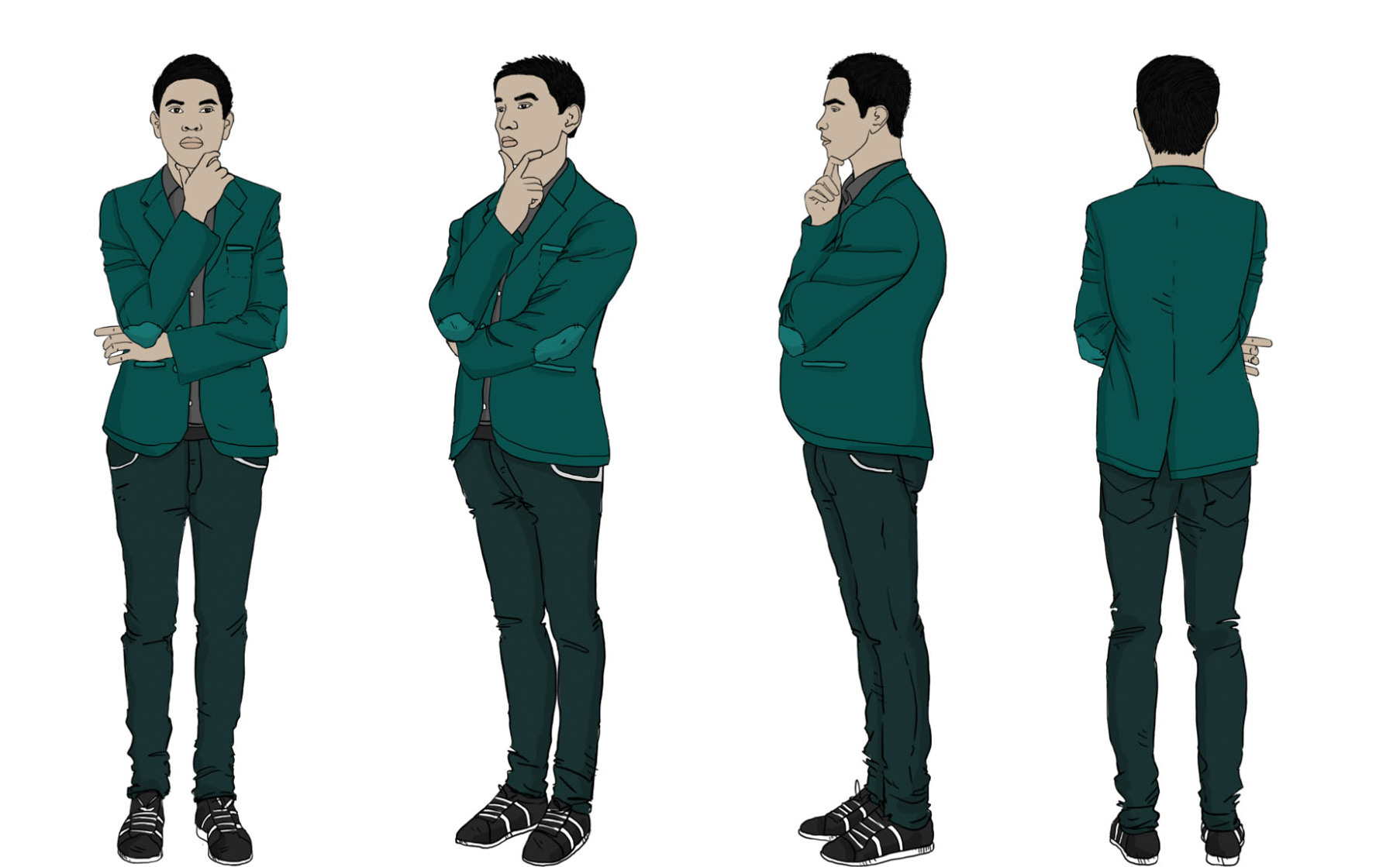 This illustration depicts a Latin American man in a business suit, shown from all 360-degree angles. Each perspective is carefully rendered, providing a comprehensive visual guide perfect for training manuals and educational resources.