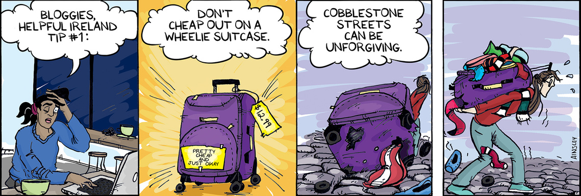 Globetrotter Comic Strip Featuring Chloe Writing a Blog Post and Reflecting on Brooke Carrying Her Suitcase After the Wheels Broke on Cobblestone Streets – Humorous Travel Adventure Scene.