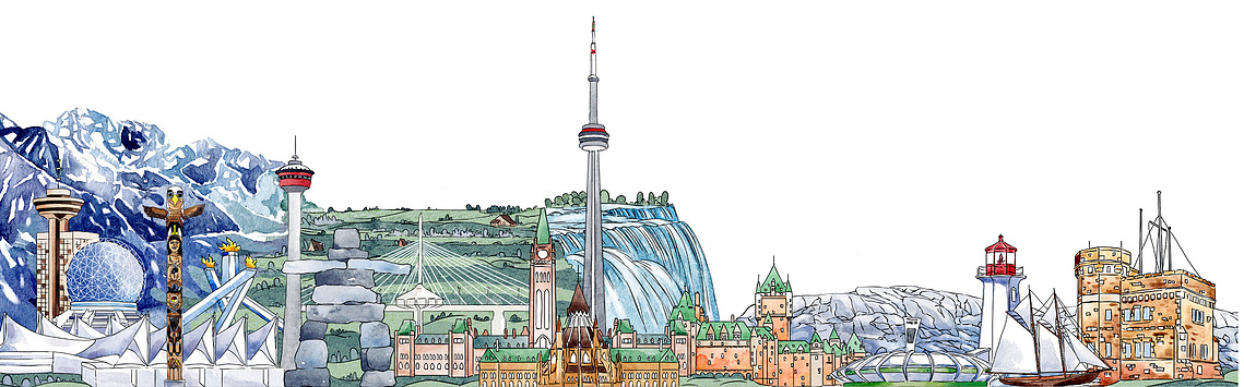 Swiss Bank Celebrates Canada: Watercolor Banner Showcases Iconic Landmarks