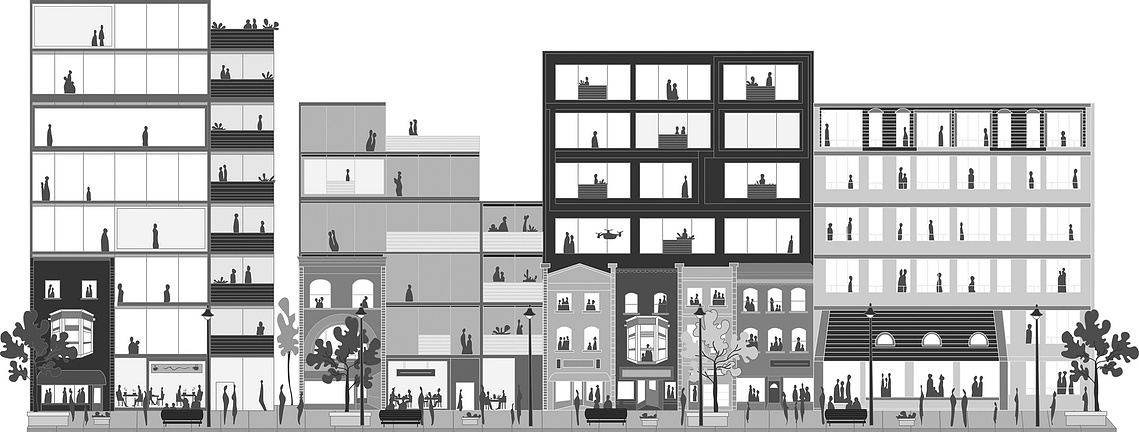 Black and white vector illustration showcasing a visionary concept for Yonge Street's future. This image presents a forward-thinking perspective on community living, incorporating modern homes, diverse shops, and engaged residents.