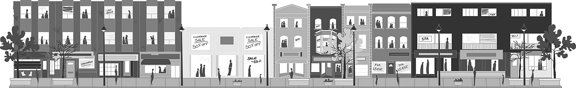 Black and white vector illustration depicting Yonge Street's vibrant 1980s community. Featuring historic architecture, local businesses, and residents, this image captures the essence of a bygone era.