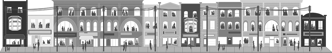 Black and white vector illustration depicting Yonge Street's vibrant 1960s community. Featuring historic architecture, local businesses, and residents, this image captures the essence of a bygone era.