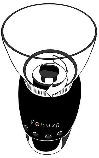 Illustration of twisting the top of the Podmkr once to the right while it sits on the base. This image demonstrates the easy and secure assembly process of the Podmkr device, emphasizing user-friendly design.