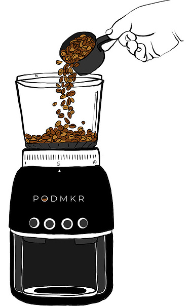 Illustration showing a hand pouring one scoop of coffee beans into the top of the Podmkr. This image highlights the simple and efficient process of loading coffee beans for brewing.