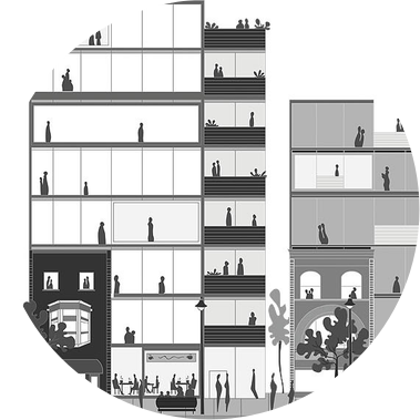 Pyxis real estate case study: black-and-white vector illustration of Yonge Street in Toronto with buildings, shoppers, and pedestrians, capturing urban energy for brand marketing.