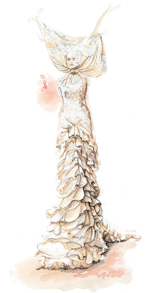 Fashion Illustration of a Woman in a Layered Dress Created with Watercolor Bleeds, Mixed Media, Pencil, and Pencil Crayon – Artistic and Textured Representation of Female Fashion.