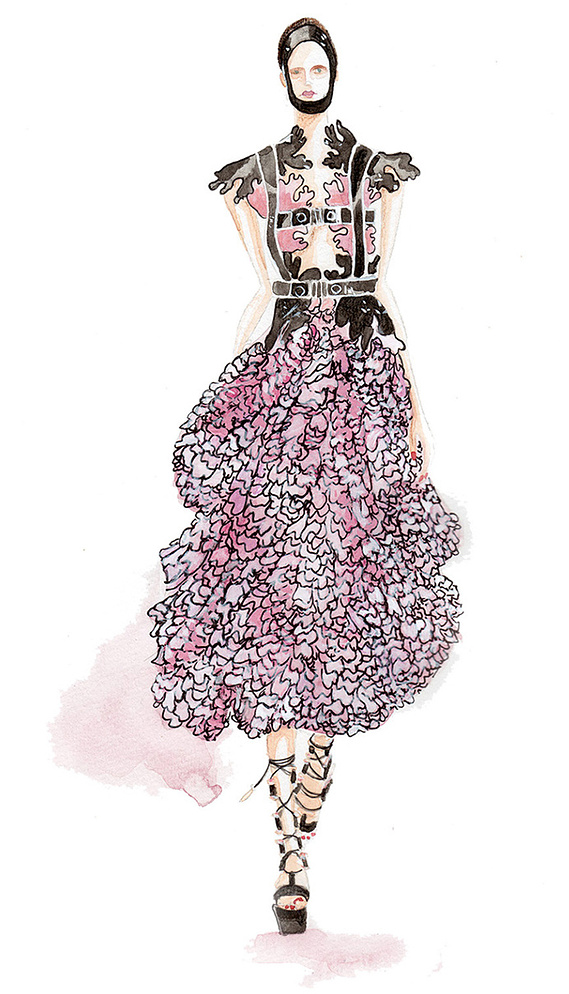 Fashion Illustration of a Woman Wearing a Custom Dress in Pink and Black – Layered Feathers, Texture, Watercolor, Ink, and Pencil Crayon Create a Vibrant, Dynamic Design.