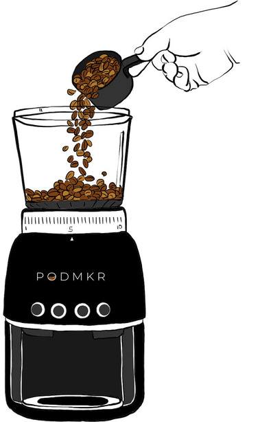 A step-by-step illustration of pouring coffee beans into a Podmkr machine, combining black and white lines with a spot color. This technical illustration guides users through the process, showcasing the simplicity of the AI-powered technology.