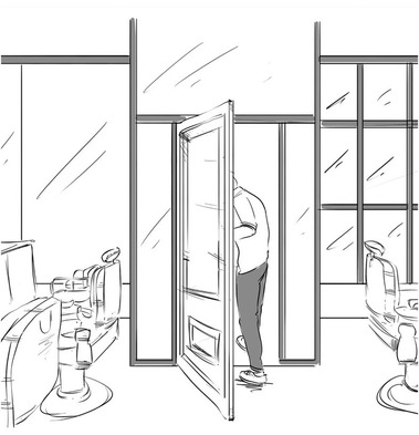 Final Panel: Man Leaving Barbershop, Full View of Interior
This panel features a full-screen view of the barbershop with the man exiting, capturing the entire interior and the final moments of his visit.