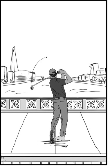 A visually striking black and white illustration of a man confidently placing a gold ball on London's iconic Tower Bridge. This image is perfect for advertising Ben Sherman's latest clothing line, showcasing the brand's luxurious and sophisticated style.