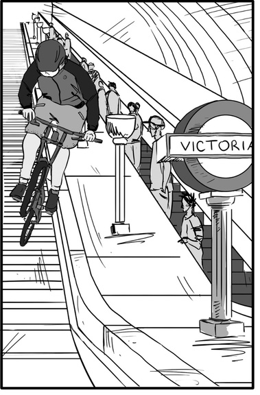A grayscale illustration of a person gracefully gliding among the stars at London’s Victoria Station, showcasing Ben Sherman’s fashion designs. This magical image captures the brand’s unique and imaginative style.