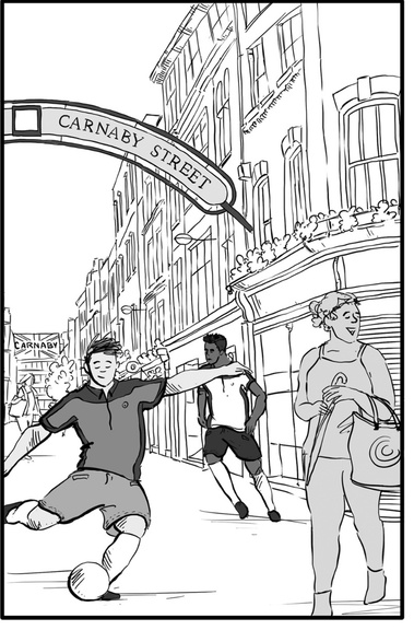 A close-up illustration of a man wearing Ben Sherman's latest clothing line, confidently kicking a football on London's Carnaby Street. This dynamic image is perfect for advertising and promotional campaigns, showcasing the brand's active and energetic st
