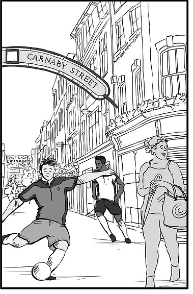 Black and white sketch of a footballer kicking a ball on London's Carnaby Street, promoting Ben Sherman's men's clothing line. This close-up illustration captures the energy and excitement of the brand's latest collection.