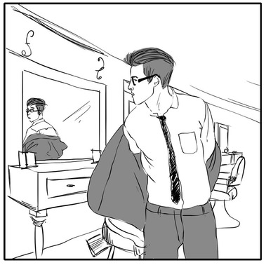 Panel 4: Man Removing Suit Jacket and Looking in Mirror at Barbershop
This illustration shows a man taking off his suit jacket while gazing into the mirror at the barbershop, highlighting the moment of preparation for his haircut.