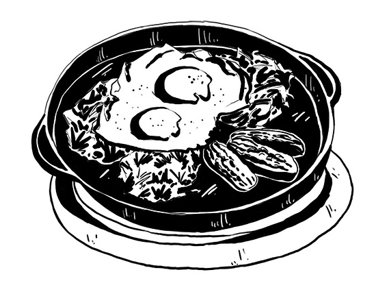 Black & White Skillet Illustration: Pen & Ink Depicts Sizzling Cuisine for Restaurant Menus