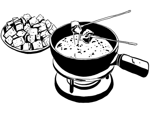 Bold Lines & Rustic Charm: This Pen & Ink Illustration Showcases Your Fondue in a Unique, Eye-Catching Style