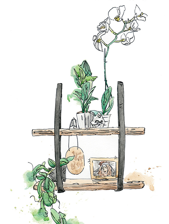 Evoking Comfort & Balance: This Watercolour & Ink Illustration Features Delicate Orchids Juxtaposed with a Solid Wood Structure, Creating a Sense of Home for Interior Design Projects.