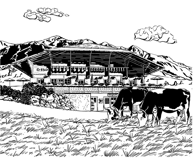 Evokes a Sense of Place: This Black & White Pen & Ink Illustration Showcases the Charm of a Swiss Chalet with Atmospheric Detail